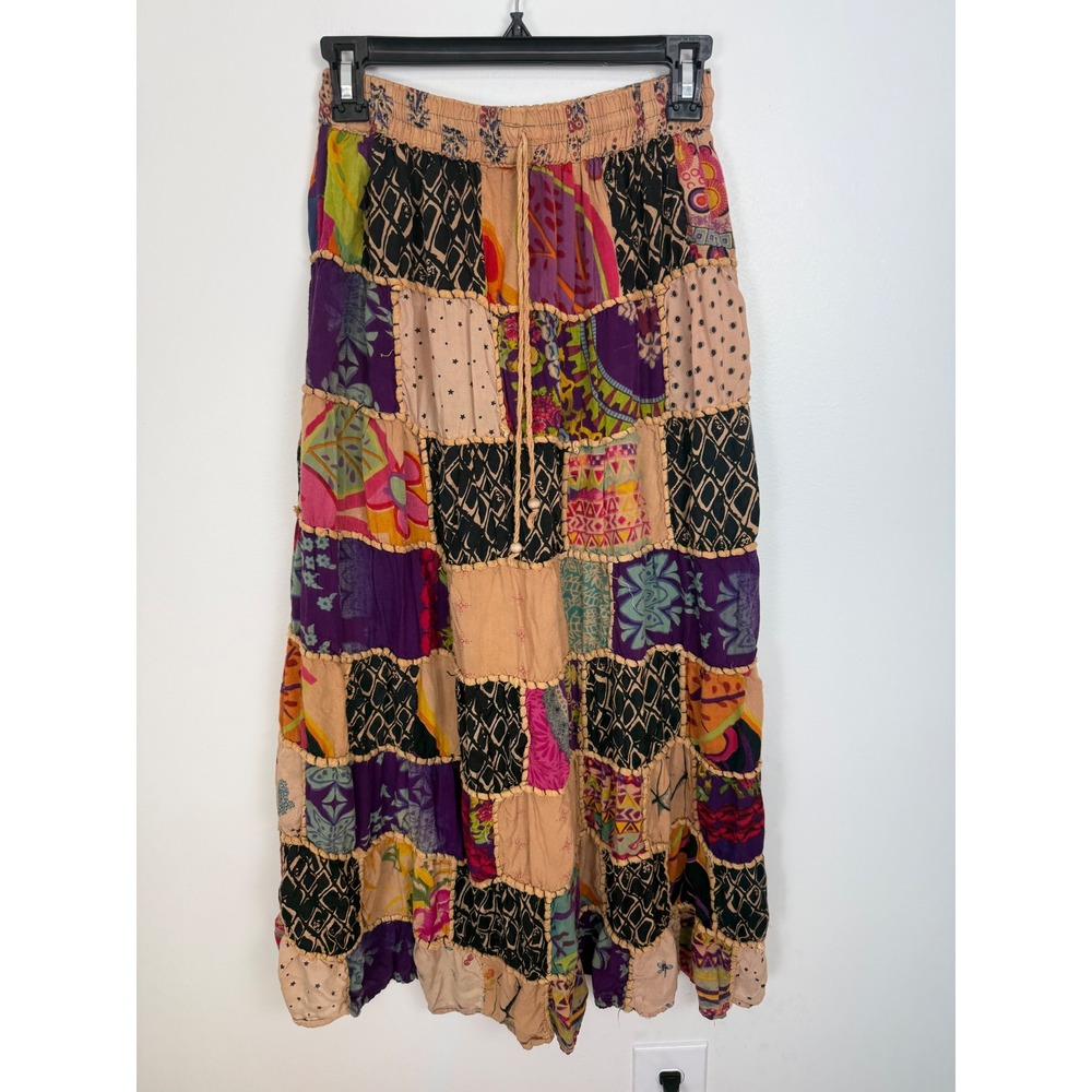 Boho Patchwork Maxi Skirt Multi Color Floral Geometric Elastic Waist Drawstring
